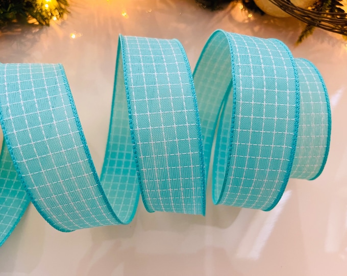 1.5” Aqua & White Wired Ribbon #4247 - Sold By The Yard