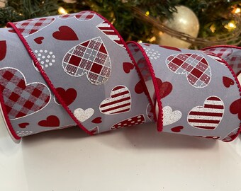 10 Yard Roll - 2.5” Red & Gray Heart Pattern Wired Ribbon #204