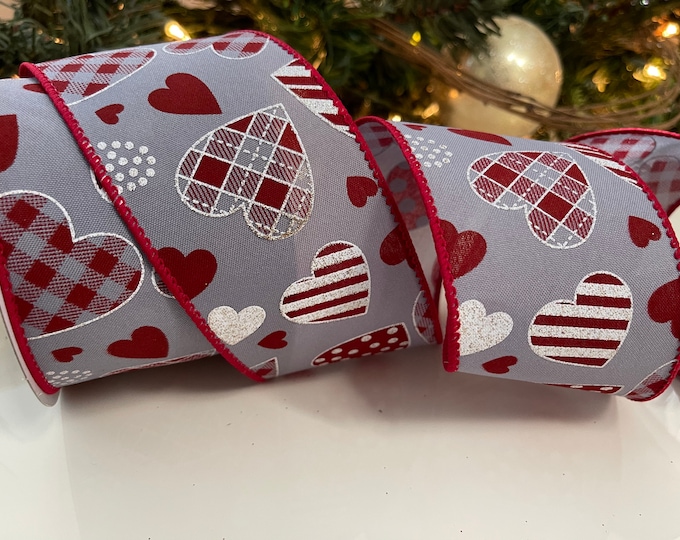 10 Yard Roll - 2.5” Red & Gray Heart Pattern Wired Ribbon #204