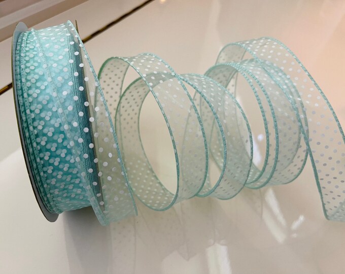 1.5” Sheer Aqua & White Polka Dot Wired Ribbon - Sold By The Yard