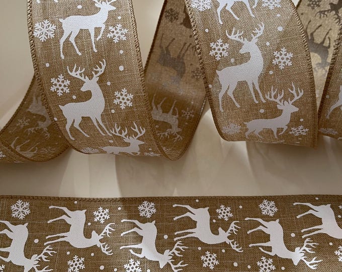 2.5” Reindeer & Snowflake Wired Ribbon: Beige, White