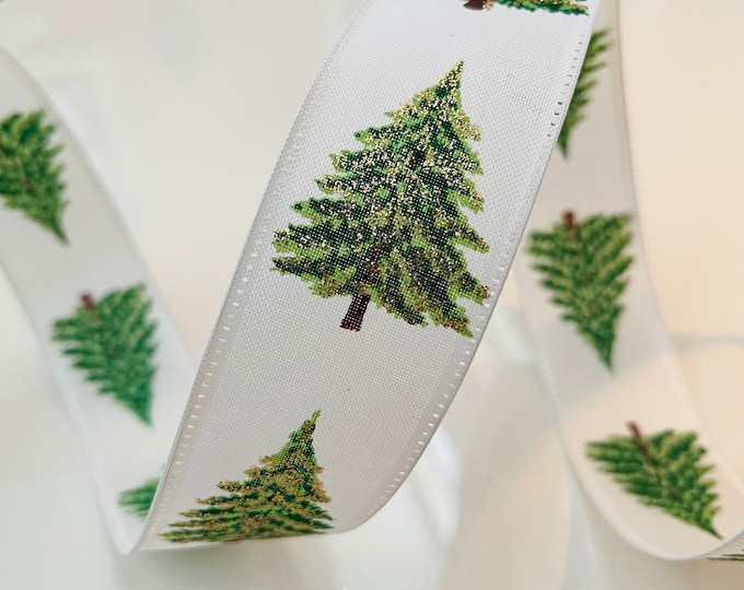1.5” Glittery Christmas Trees Wired Ribbon #491 - Sold By The Yard
