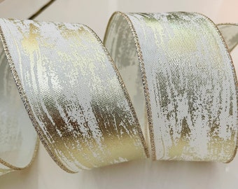 2.5” Metallic Gold & Cream Wired Ribbon #143 - Sold By The Yard