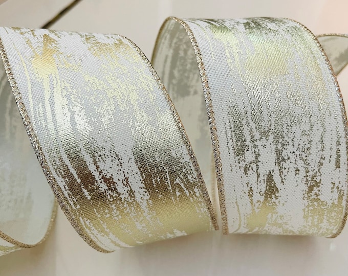 2.5” Metallic Gold & Cream Wired Ribbon #143 - Sold By The Yard