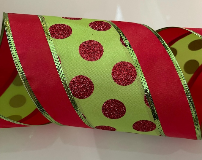 5” Red & Green Glitter Polka Dot Wired Ribbon
