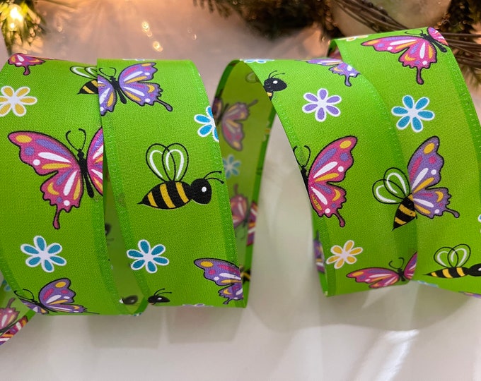 1.5" Green Wired Ribbon: Bubble Bees And Butterflies #82 - Sold By The Yard