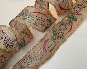 2.5” Christmas Holly Berry & Music Notes Wired Ribbon: Beige, Black, Red, Green, Gold - Sold By The Yard