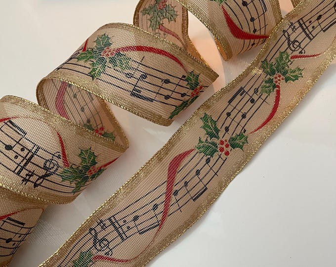 2.5” Christmas Holly Berry & Music Notes Wired Ribbon: Beige, Black, Red, Green, Gold - Sold By The Yard