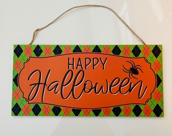 12” Wooden Happy Halloween Spider Wreath Sign: Orange, Green & Black