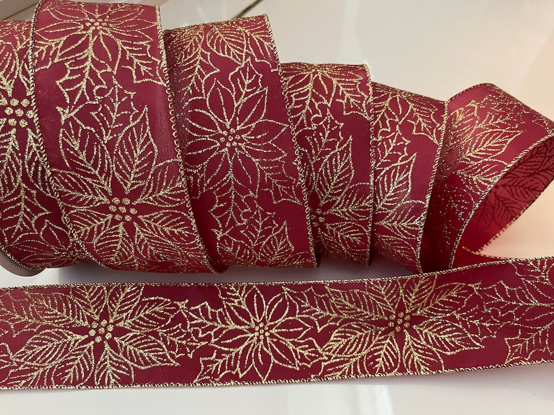 2.5" Burgundy and Gold Glitter Poinsettia Christmas Wired Ribbon 971 ...