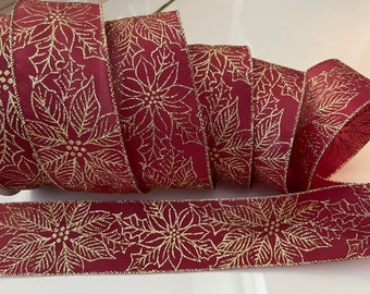 2.5" Burgundy and Gold Glitter Poinsettia Christmas Wired Ribbon 971 - Sold By The Yard