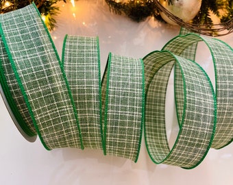 1.5” Green & Cream Wired Ribbon #149 - Sold By The Yard