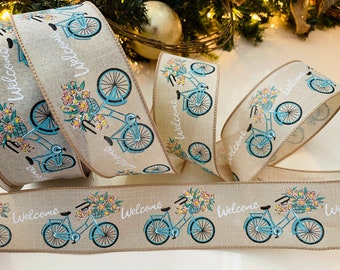 2.5” Blue & Beige Bicycle Wired Ribbon #1024 - Sold By The Yard