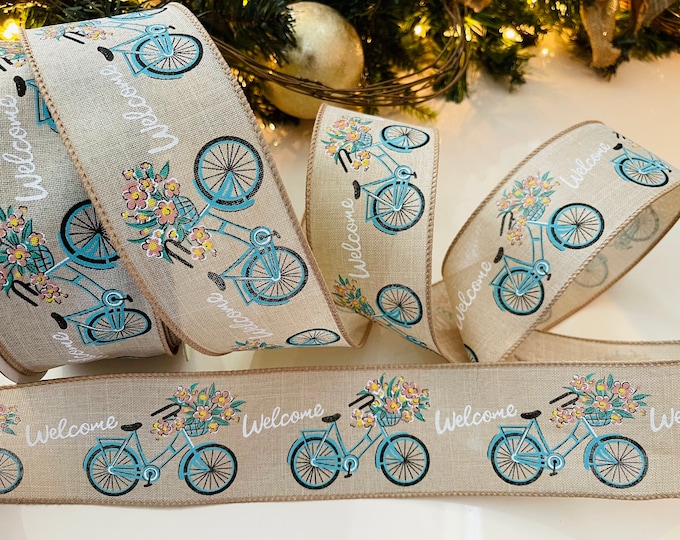2.5” Blue & Beige Bicycle Wired Ribbon #1024 - Sold By The Yard