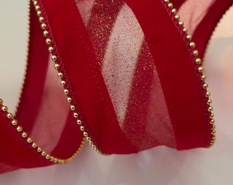 2.5” Red Velvet Wired Ribbon with Sheer Glitter Center & Gold Beaded Edge #789 - Sold By The Yard