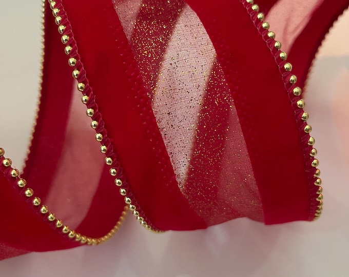 2.5” Red Velvet Wired Ribbon with Sheer Glitter Center & Gold Beaded Edge #789 - Sold By The Yard