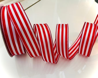 1.5” Red & White Striped Wired Ribbon - Sold By The Yard