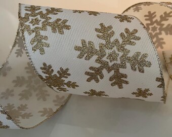 5” Golden Glittery Snowflakes Wired Ribbon