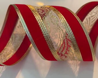 2.5” Red Velvet Wired Ribbon With Lacy Gold Center - Sold By The Yard