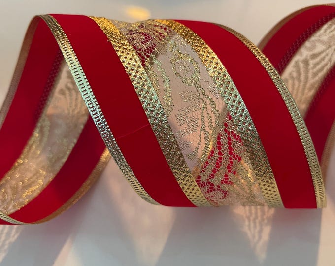 2.5” Red Velvet Wired Ribbon With Lacy Gold Center - Sold By The Yard