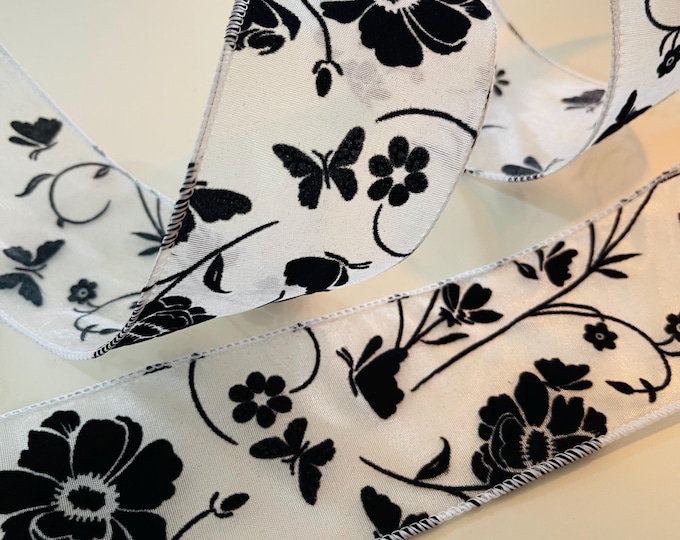 2.5” Black Velvet Butterflies & Flowers Sheer White Wired Ribbon