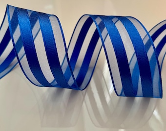 1.5” Silky Sheer & Solid Stripes Blue Wired Ribbon