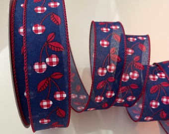 1.5" Red, White, & Blue, Cherry Wired Ribbon - Perfect for Gift Wrapping, Wreaths, Decor and Much More!