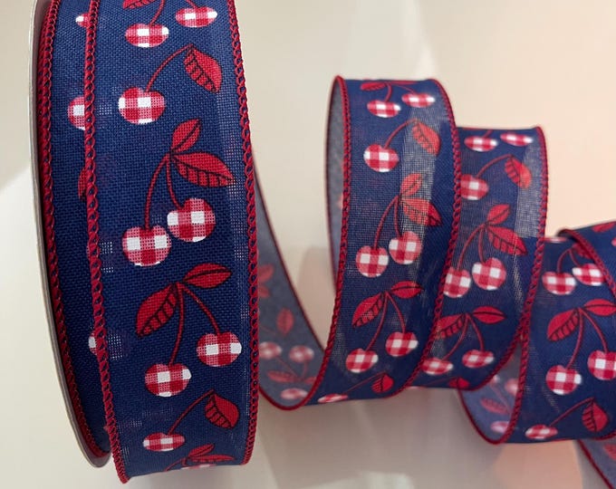 1.5" Red, White, & Blue, Cherry Wired Ribbon - Perfect for Gift Wrapping, Wreaths, Decor and Much More!