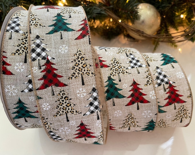 2.5” Cheetah & Plaid Christmas Tree Wired Ribbon #132 - Sold By The Yard