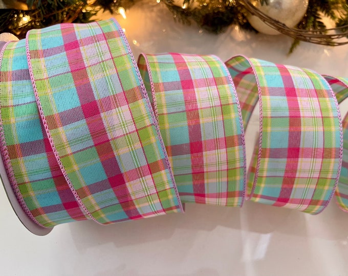 2.5” Spring Plaid Wired Ribbon: Pink, Blue & Green #1281 - Sold By The Yard