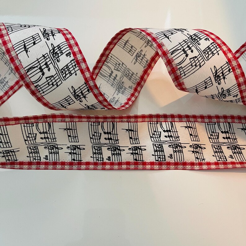 2.5” Vintage Black & Cream Music Note Wired Ribbon With Red Gingham ...