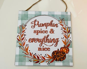 10” Square Wooden Pumpkin Spice Glitter Wreath Sign: Green, Sage, White, Orange, & Copper