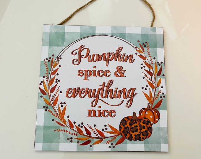 10” Square Wooden Pumpkin Spice Glitter Wreath Sign: Green, Sage, White, Orange, & Copper