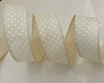 1.5” Light Beige & White Polka Dot Wired Ribbon - Sold By The Yard