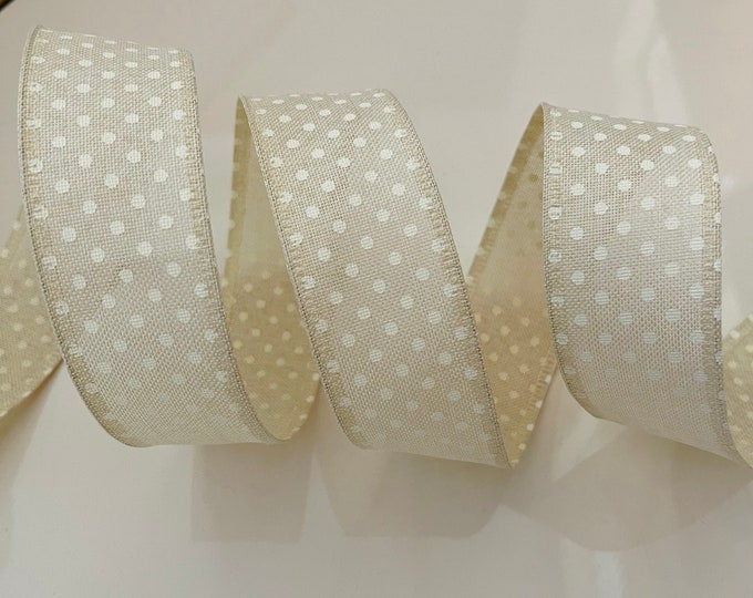 1.5” Light Beige & White Polka Dot Wired Ribbon - Sold By The Yard