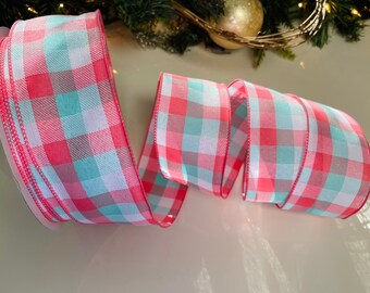 2.5” Coral & Aqua Plaid Wired Ribbon #139 - Sold By The Yard