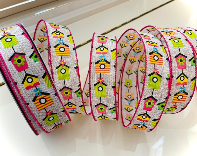 1.5” Colorful Birdhouses Wired Ribbon With Pink Trim - Sold By The Yard