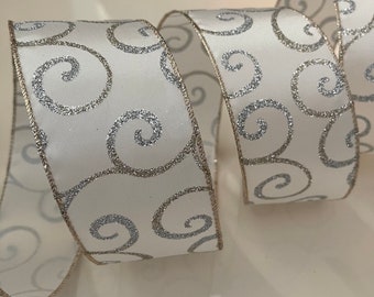 2.5” Silver & Gold Glitter Swirls Cream Colored Wired Ribbon - Sold By The Yard