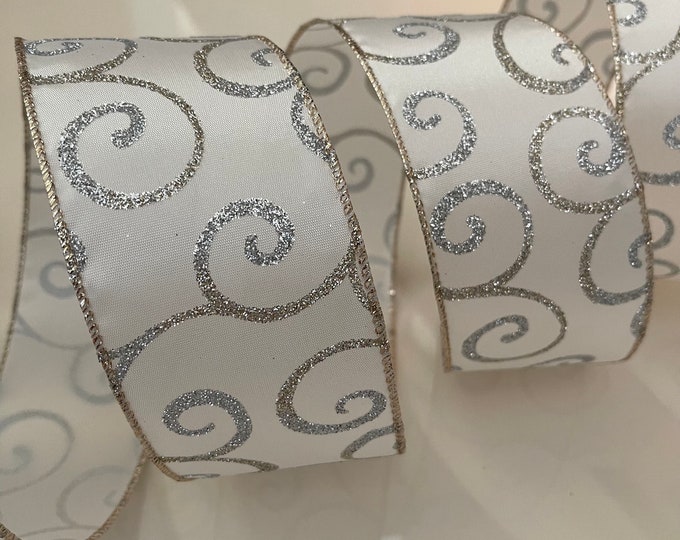 2.5” Silver & Gold Glitter Swirls Cream Colored Wired Ribbon - Sold By The Yard