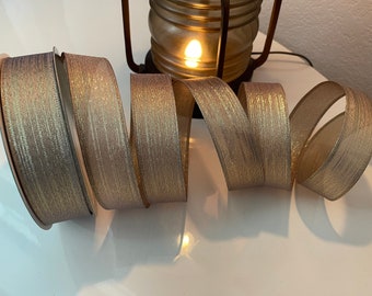 1.5” Beige & Gold Metallic Wired Ribbon #597 - Sold By The Yard