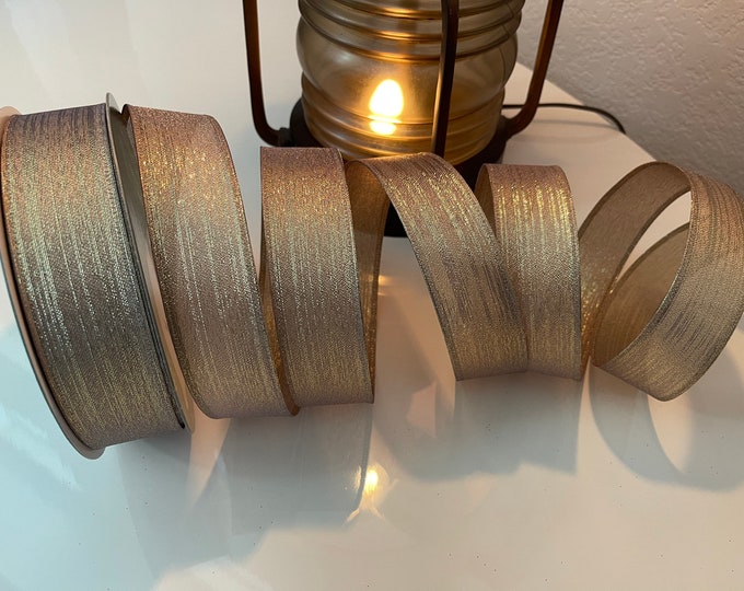1.5” Beige & Gold Metallic Wired Ribbon #597 - Sold By The Yard