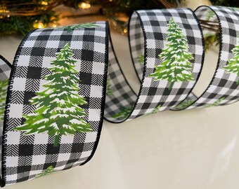2.5" Christmas Tree Plaid Wired Ribbon: Black & White #22 - 10 Yard Roll