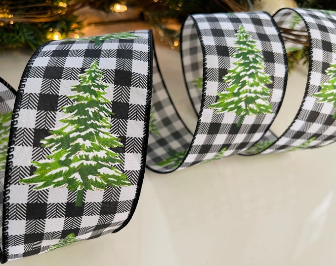 2.5" Christmas Tree Plaid Wired Ribbon: Black & White #22 - 10 Yard Roll