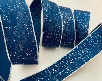 1.5” Blue and Silver Glitter Flakes Wired Ribbon #921 - Sold By The Yard