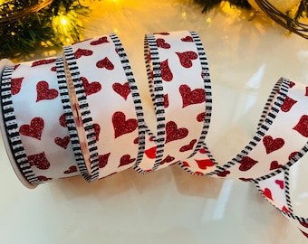 10 Yard Roll - 1.5" Red Hearts With Black & White Trim Wired Ribbon