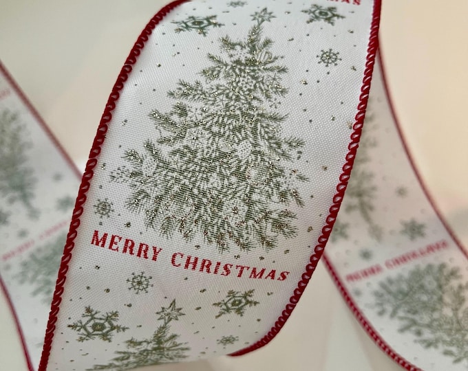 2.5” Glittery Trees & Snowflakes “ Merry Christmas “ Wired Ribbon: Red, Green, White, Sparkle #972