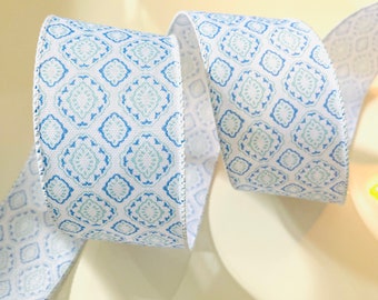 2.5” Mosaic Diamond Pattern Wired Ribbon: Blue, Green, White - Sold By The Yard