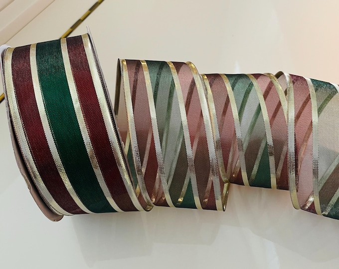 2.5” Burgundy, Green, & Gold - Sheer and Solid Stripes Wired Ribbon