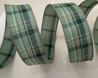 1.5” Green & Beige Plaid Wired Ribbon #934