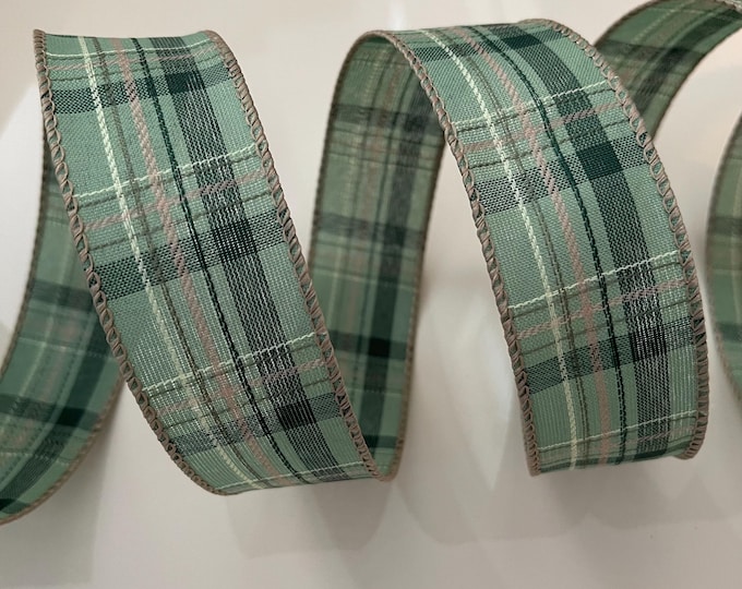 1.5” Green & Beige Plaid Wired Ribbon